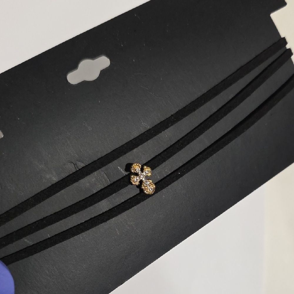 Black Cord Necklace with Gold Rhinestone Cross – Gothic Layered Fashion Jewelry - Picture 7 of 8